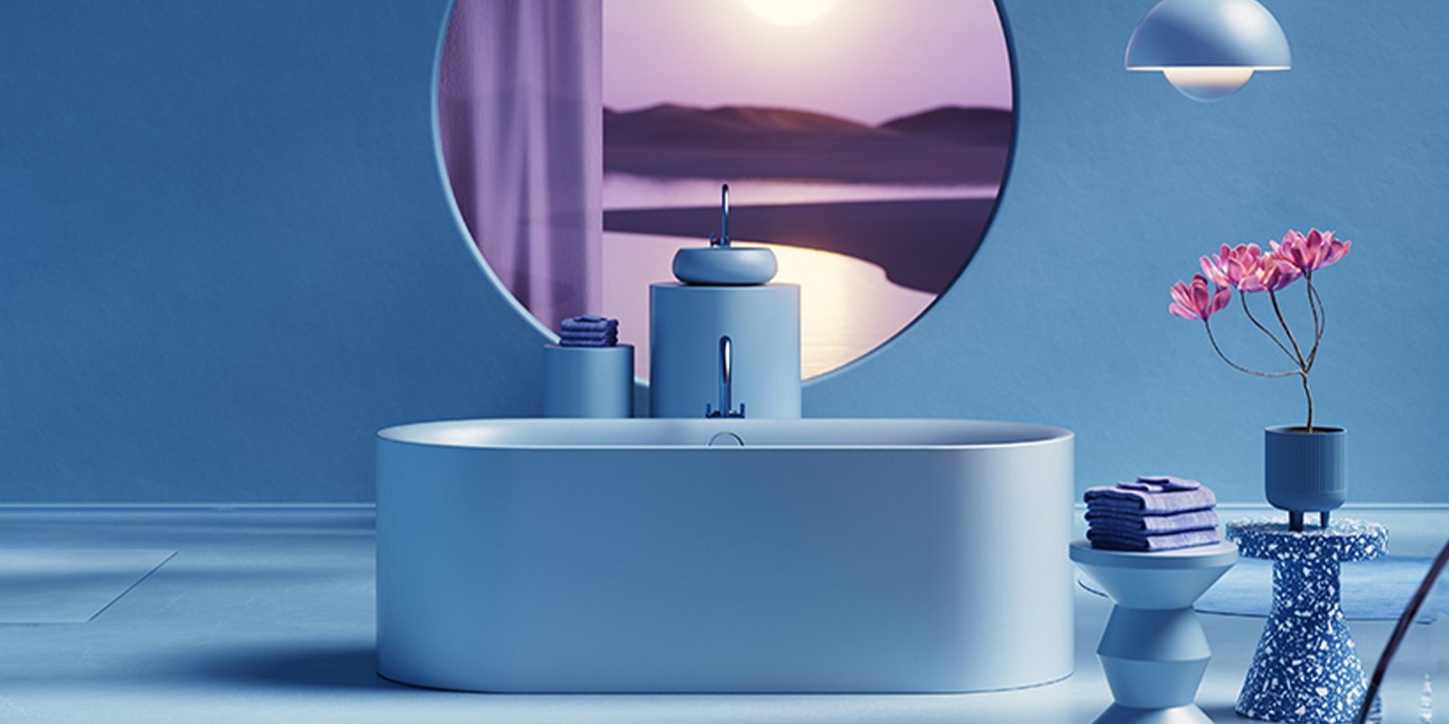 Ein modernes Badezimmer mit einer eleganten Badewanne, umgeben von blauen Wänden und einem runden Fenster mit Blick auf die Landschaft.